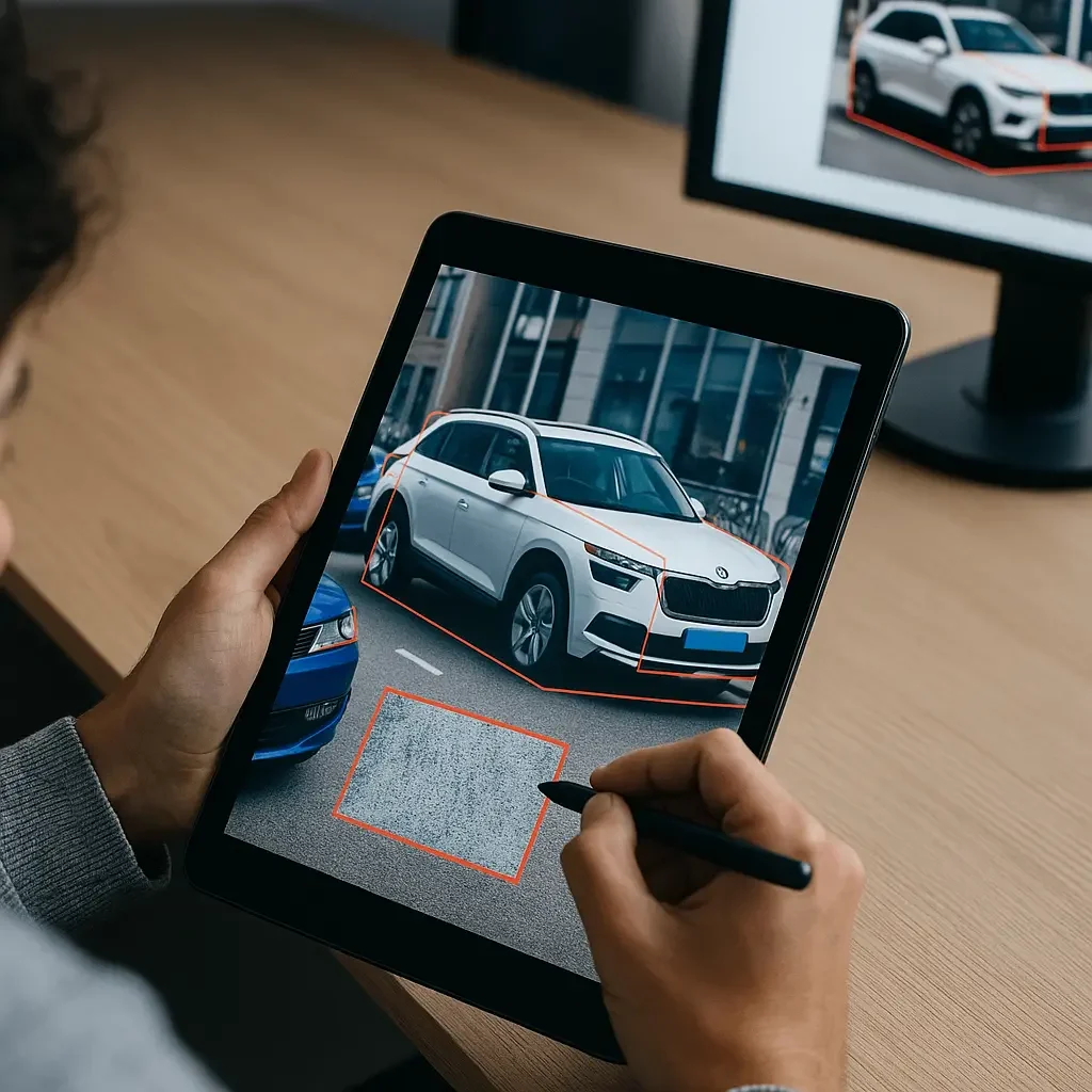 Person annotating objects on a computer screen with bounding boxes for AI training.